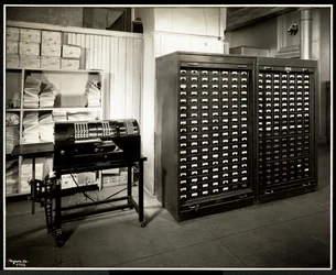 Possibly an adding machine and a filing cabinet with small drawers in the office of the Carolyn Laundry at 111 East 128th Street, East Harlem, New York, 1929